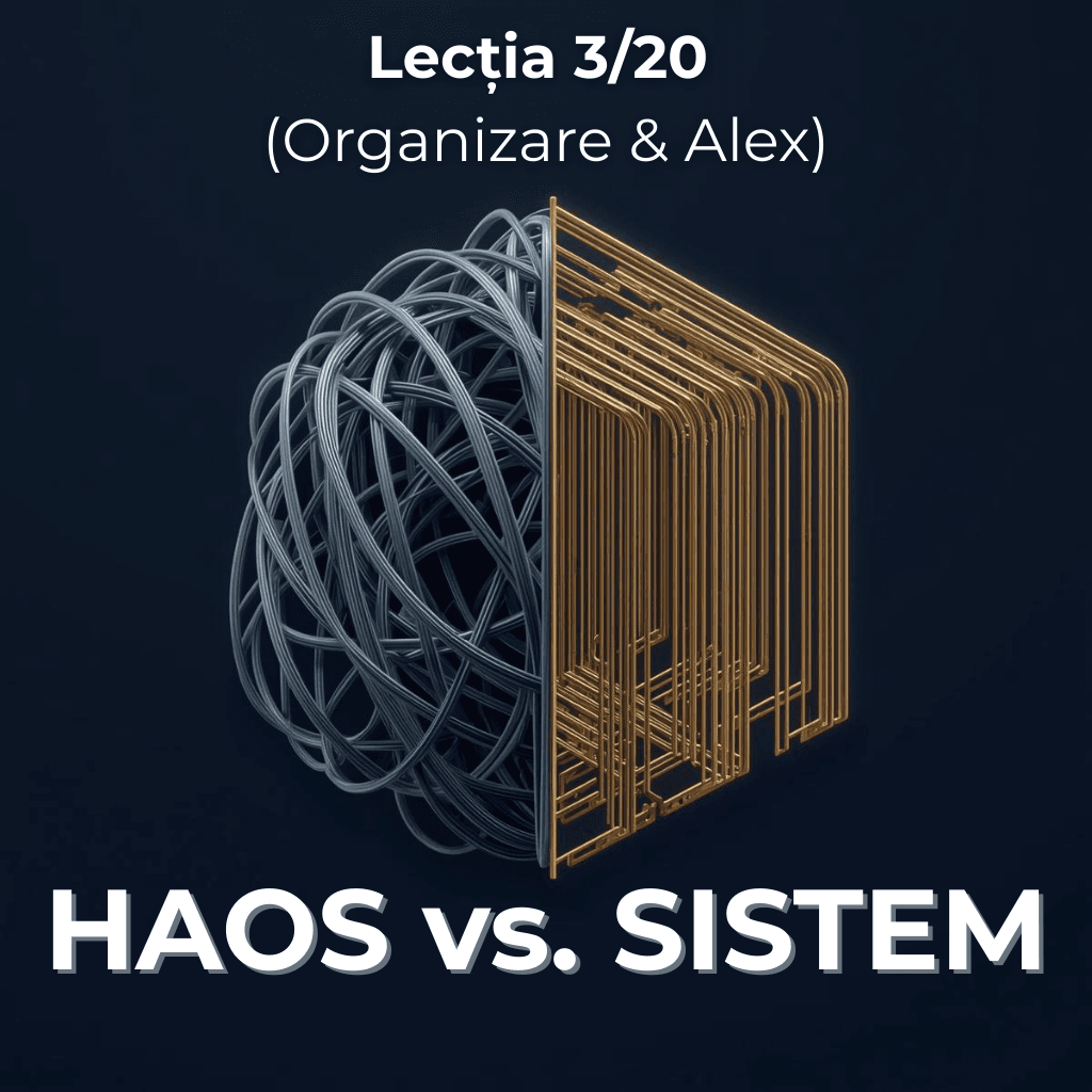 Ilustrație abstractă a conceptului de organizare în business. În stânga, un nod încâlcit de fire gri reprezentând confuzia și lipsa de direcție. În dreapta, aceleași fire se aliniază într-o rețea aurie geometrică perfectă și luminoasă, sugerând claritatea, strategia și structura. Fundal albastru închis specific Euro Agency.