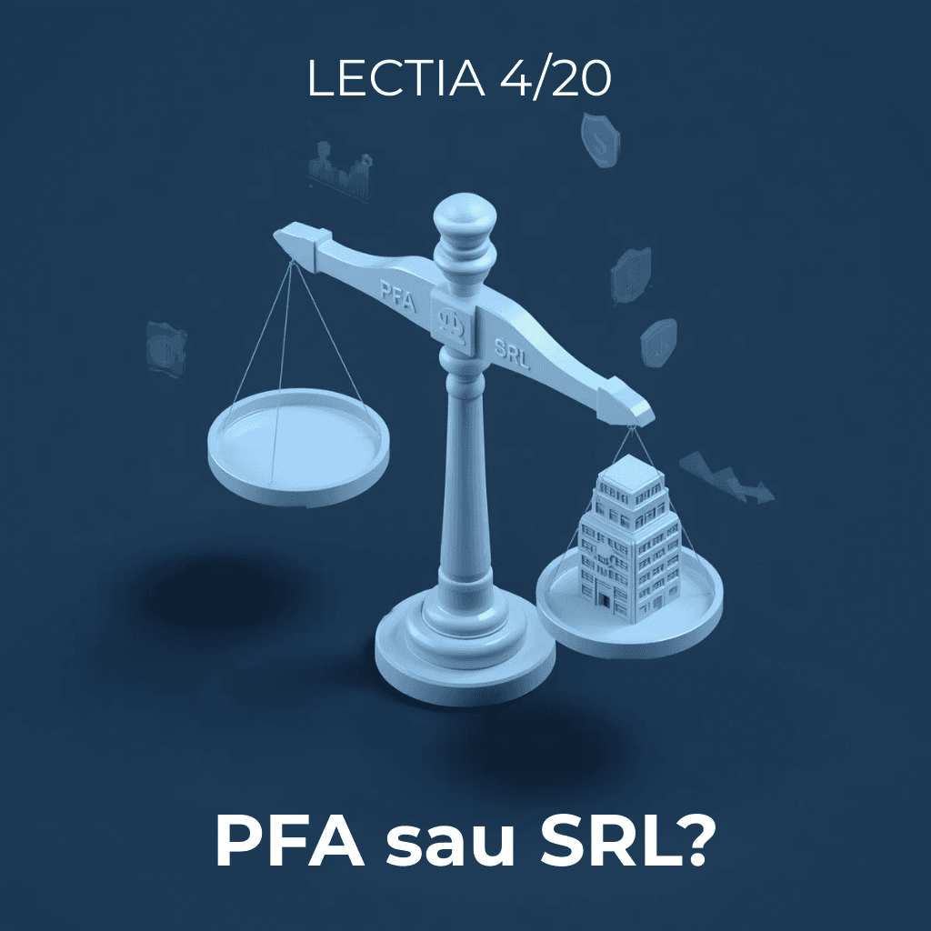 Ilustrație 3D comparativă pentru antreprenori: PFA vs SRL. Un indicator vizual stilizat sub forma unei balanțe , punând în contrast simplitatea unui PFA cu structura și protecția oferită de un SRL, pentru a ajuta la alegerea formei juridice corecte.