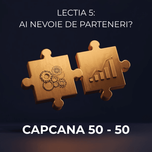 Ilustrație conceptuală cu două piese de puzzle aurii care se îmbină, simbolizând un parteneriat de afaceri bazat pe competențe complementare (tehnic vs. vânzări), pe un fundal albastru închis. Titlul Lectia 5/20 Ai nevoie de Parteneri? Jos e scris Capcana 50-50