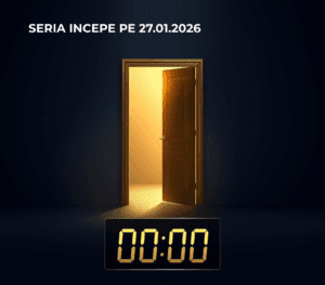 Ilustrație cinematică a unei uși aurii întredeschise prin care pătrunde lumină pe un fundal albastru închis, simbolizând accesul la oportunități de business. Textul anunță lansarea: 'SERIA ÎNCEPE PE 27.01.2026', iar un cronometru digital indică startul momentului zero ('00:00').