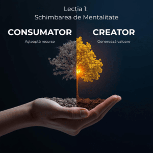 Compoziție grafică divizată ilustrând 'Lecția 1: Schimbarea de Mentalitate'. Partea stângă, în tonuri de gri, arată o mână cu un copac uscat sub eticheta 'CONSUMATOR - Așteaptă resurse'. Partea dreaptă arată o mână cu pământ fertil și un copac auriu strălucitor sub eticheta 'CREATOR - Generează valoare', simbolizând mentalitatea antreprenorială.