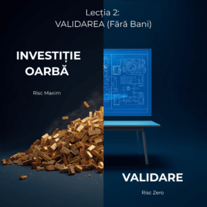 Compoziție grafică comparativă pentru antreprenori. Stânga: 'INVESTIȚIE OARBĂ - Risc Maxim' ilustrată printr-o grămadă haotică de materiale aurii. Dreapta: 'VALIDARE - Risc Zero' ilustrată printr-o schiță tehnică (blueprint) ordonată, simbolizând planificarea inteligentă înainte de cheltuieli."