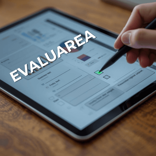 O tabletă digitală afișând o interfață de evaluare a unui proiect pentru fonduri europene, cu o casetă bifată cu verde. Imagine ilustrativă pentru calculul punctajului în obținerea granturilor. Titlul EVALUAREA