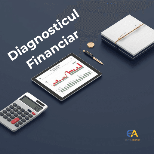 Ilustrație 3D izometrică pe fundal albastru închis reprezentând un birou de audit, cu calculator, tabletă cu grafice financiare și documente, având textul suprapus 'Diagnosticul Financiar' și logo-ul Euro Agency.