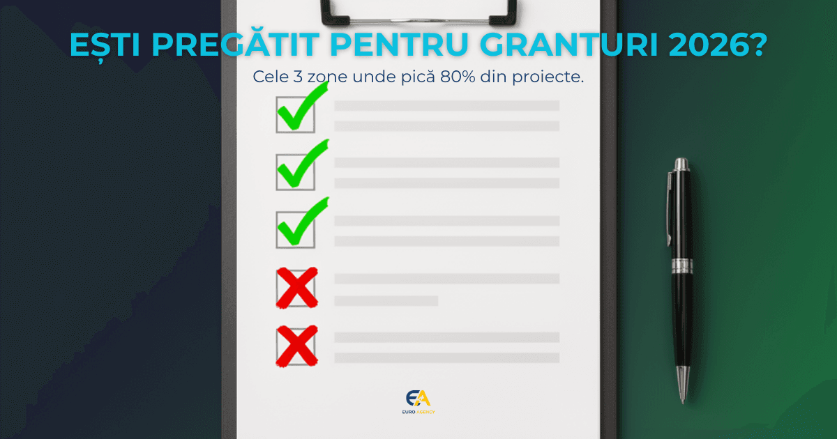 Listă de verificare eligibilitate Granturi IMM 2026. Document de audit cu bife verzi și roșii pe un birou de antreprenor, creat de Euro Agency pentru accesarea de fonduri europene.