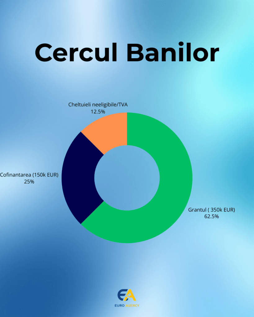 Reprezentare grafica pe fond albastru a Cercului Banilor -Cofinantare, Grant, Cheltuieli neeligibile dintr-un proiect cu finantare europeana.