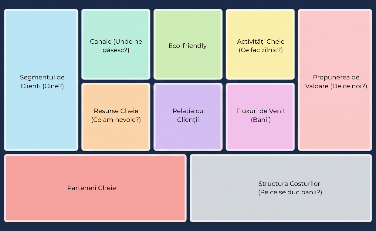 Business Model Canva with 10 sections in various colors