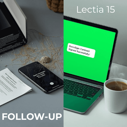 Lecția 15 Euro Agency - Importanța Follow-up-ului în vânzări. Colaj birou: Telefon prăfuit cu ofertă ignorată vs Laptop cu notificare de contract semnat digital după apel.