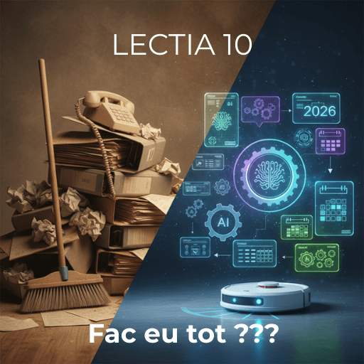 Grafică split-screen pentru Lecția 10: Contrast vizual între haosul muncii manuale (dosare vechi, mătură) și eficiența automatizării prin AI și robotică în 2026. Text: Fac eu tot?