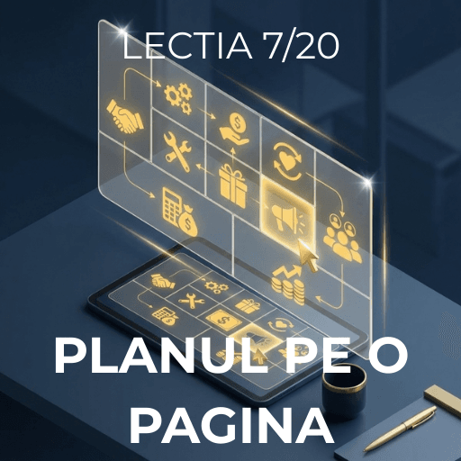 Ilustrație 3D a conceptului Business Model Canvas: o structură olografică cu 9 secțiuni și iconițe aurii, reprezentând un plan de afaceri modern și simplificat pe o singură pagină