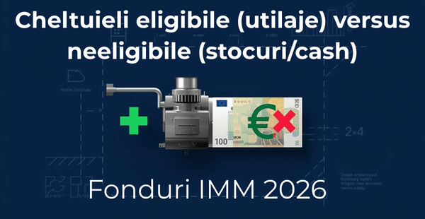 Diagramă comparativă: Cheltuieli eligibile (utilaje) versus neeligibile (stocuri/cash), explicată vizual pe fundalul brandului Euro Agency.